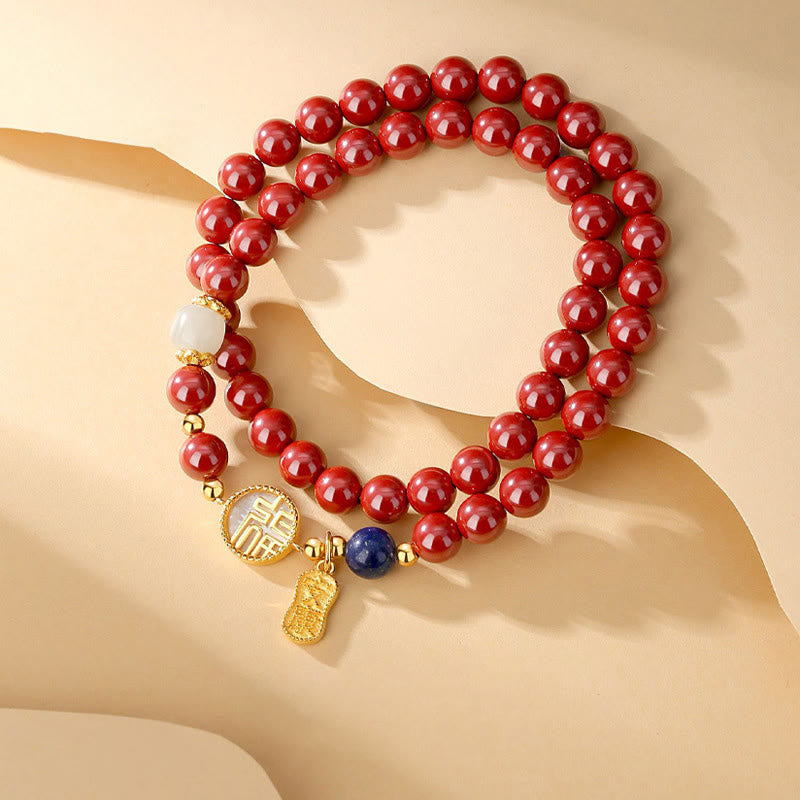 Buddha Stones 925 Sterling Silver Cinnabar Tridacna Stone Fu Character Double Wrap Blessing Bracelet - image 1