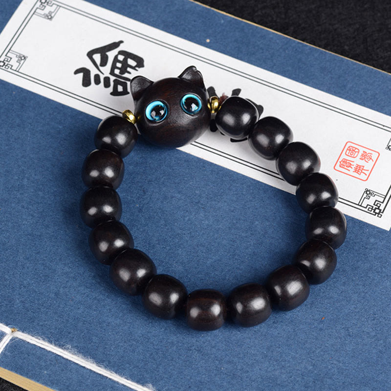 Buddha Stones Ebony Wood Green Sandalwood Red Sandalwood Lovely Cat Balance Bracelet - Ebony Cat 12mm*15 Beads(Wrist Circumference 14-16cm) - image 1