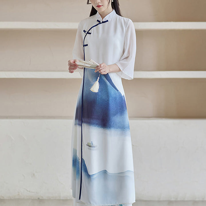 Buddha Stones Blue Landscape Painting Three Quarter Chinese Cheongsam Midi Dress