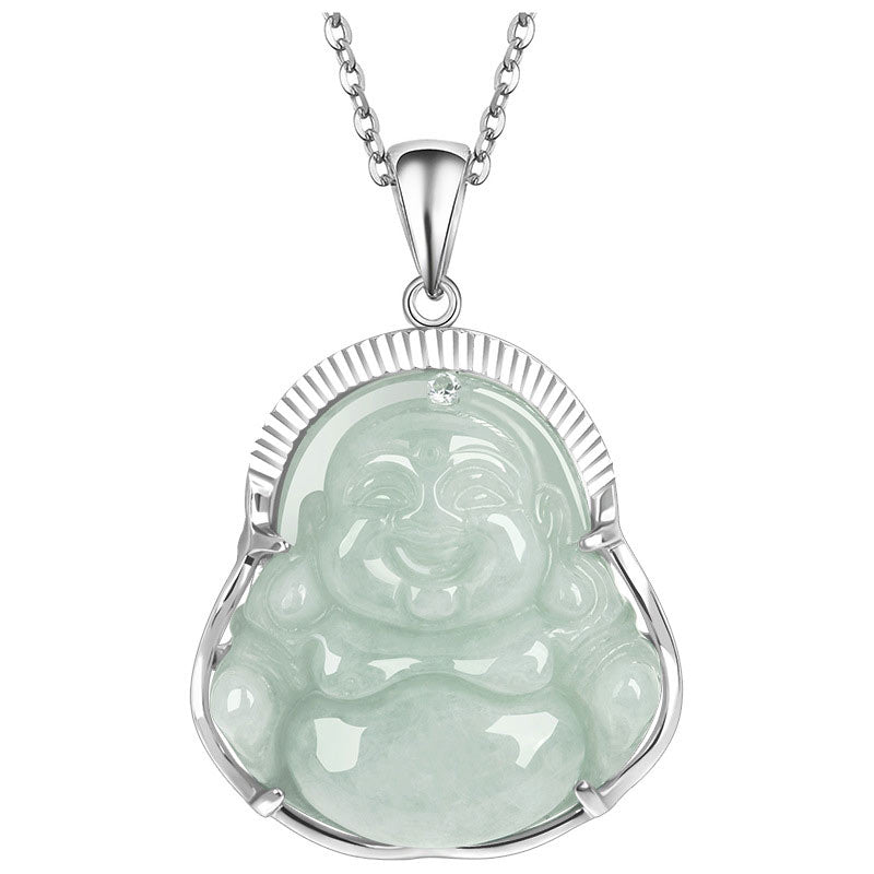 Buddha Stones '925 Sterling Silver Laughing Buddha Jade Luck Calm Necklace Chain Pendant - image 6