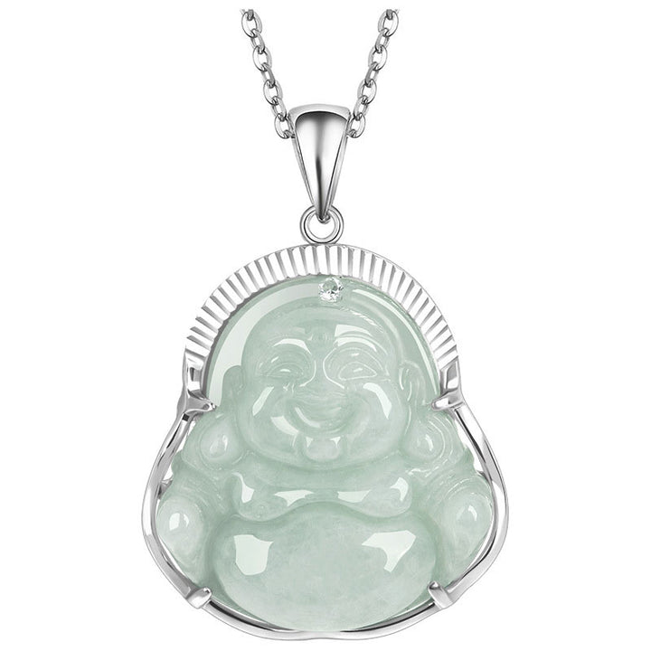 Buddha Stones '925 Sterling Silver Laughing Buddha Jade Luck Calm Necklace Chain Pendant - image 6