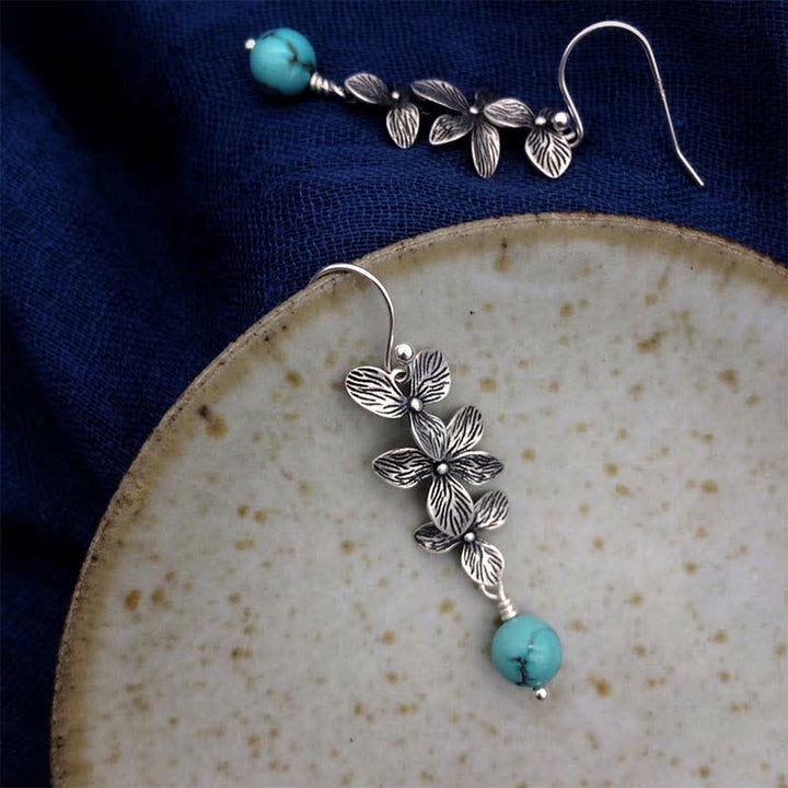 925 Sterling Silver Turquoise Lazurite Flower Leaf Serenity Protection Hook Drop Dangle Earrings - image 4