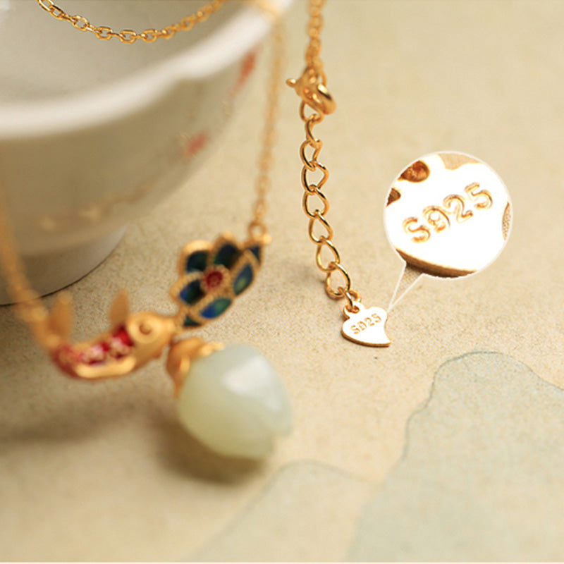 Buddha Stones 925 Sterling Silver White Jade Koi Fish Lotus Protection Necklace Pendant - image 7