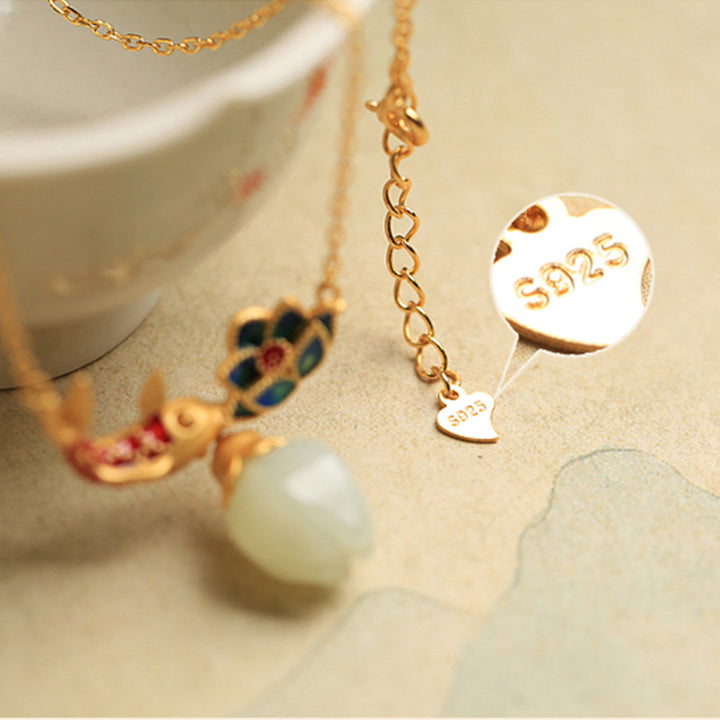 Buddha Stones 925 Sterling Silver White Jade Koi Fish Lotus Protection Necklace Pendant - image 7