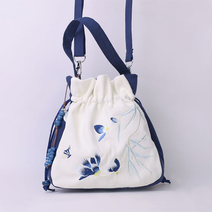 Buddha Stones Embroidered Butterfly Lotus Magnolia Cotton Linen Tote Crossbody Bag Shoulder Bag Handbag