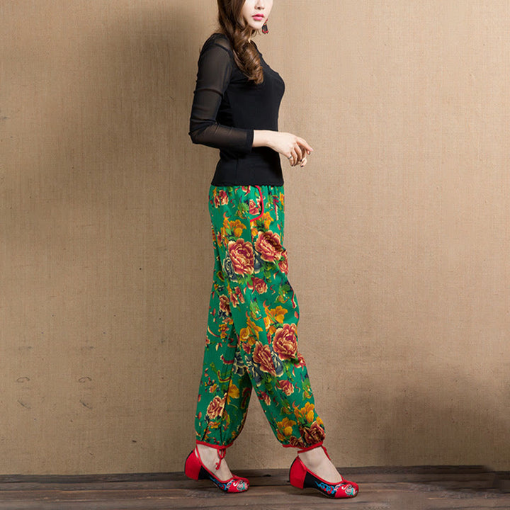 Buddha Stones Ethnic Style Red Green Flowers Print Harem Pants With Pockets