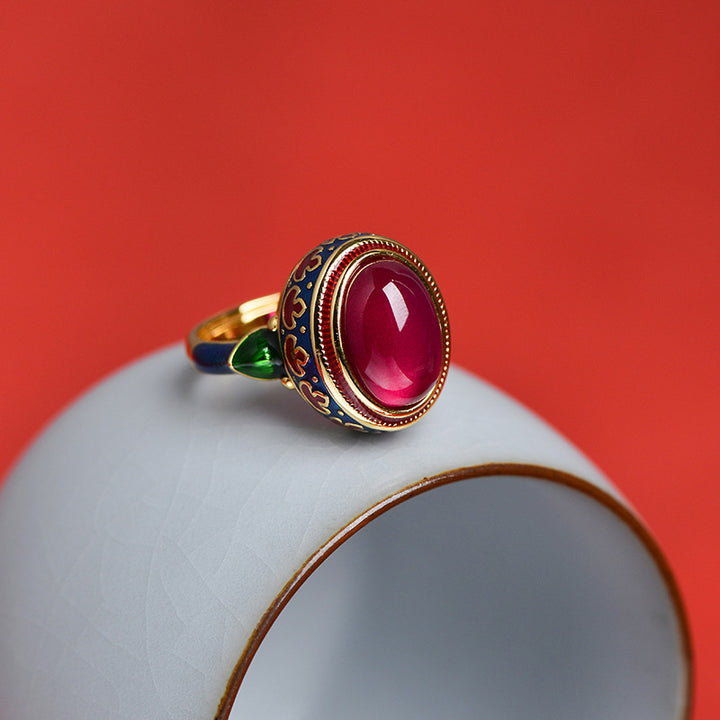 925 Sterling Silver Red Corundum Courage Ring - Red Corundum&Flower - image 0