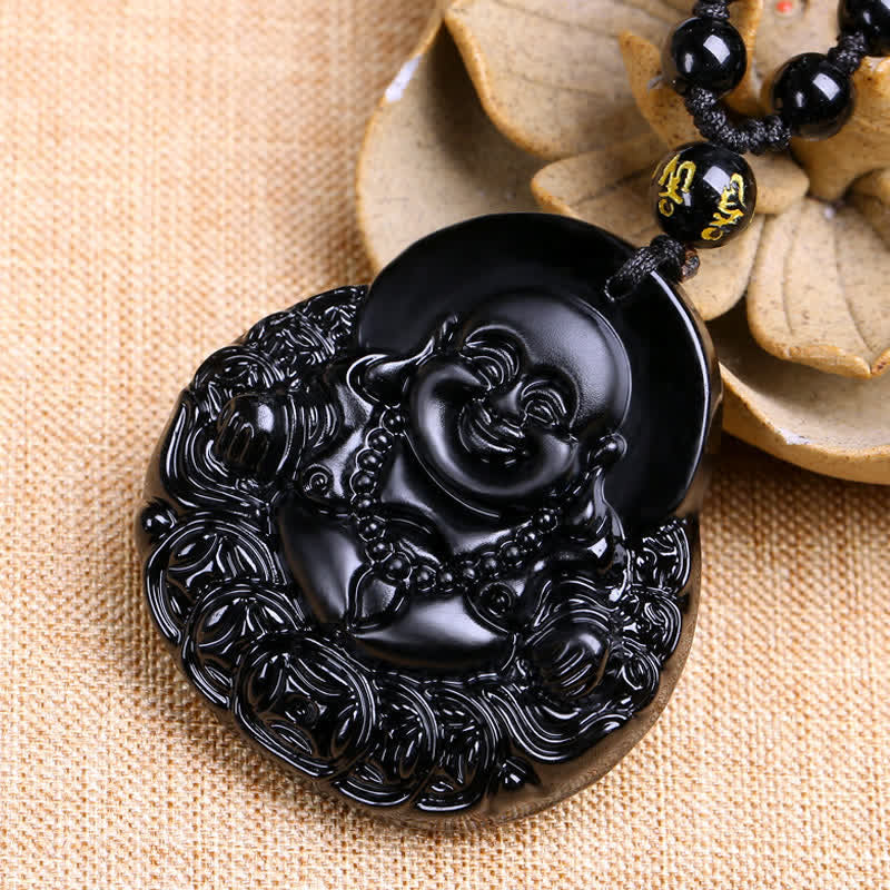 Buddha Stones Laughing Buddha Black Obsidian Strength Protection Pendant Necklace - image 4
