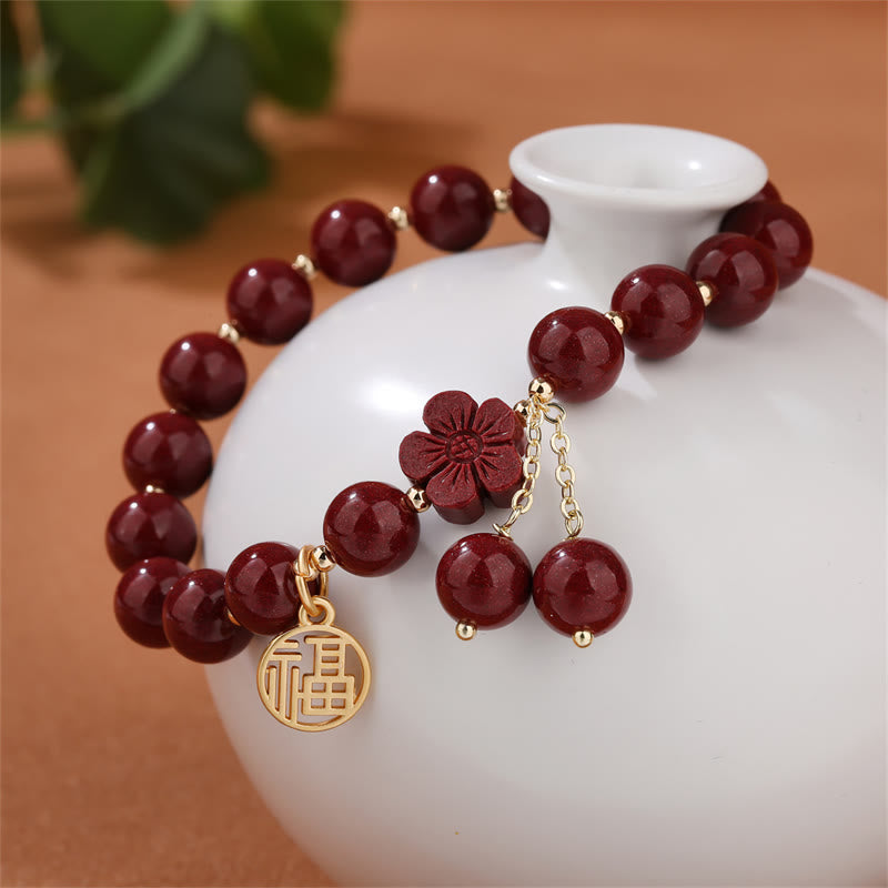 Buddha Stones Cinnabar Fu Character Cherry Blossom Blessing Bracelet - image 3