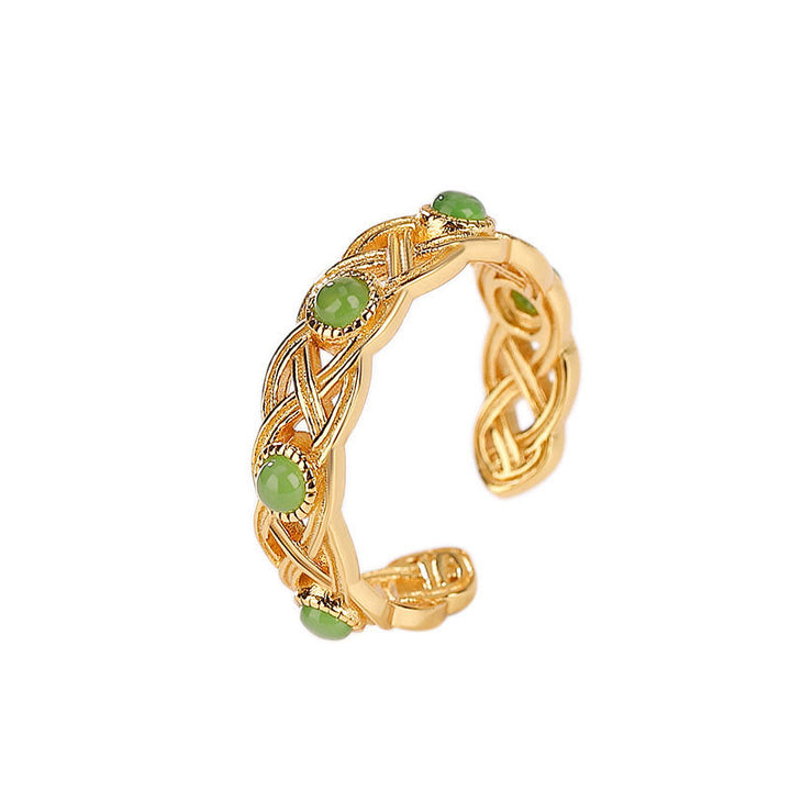 Buddha Stones 925 Sterling Silver Plated Gold Cyan Jade Braided Design Success Luck Adjustable Ring - image 8