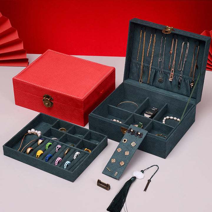 Buddha Stones Simple Design Jewelry Box Organizer Two-Layer Jewelry Storage Box Flannel Box With Lock - image 7