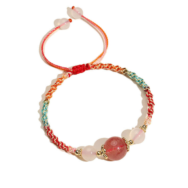 Buddha Stones Strawberry Quartz Pink Crystal Prehnite White Agate Bead Healing Rope Bracelet