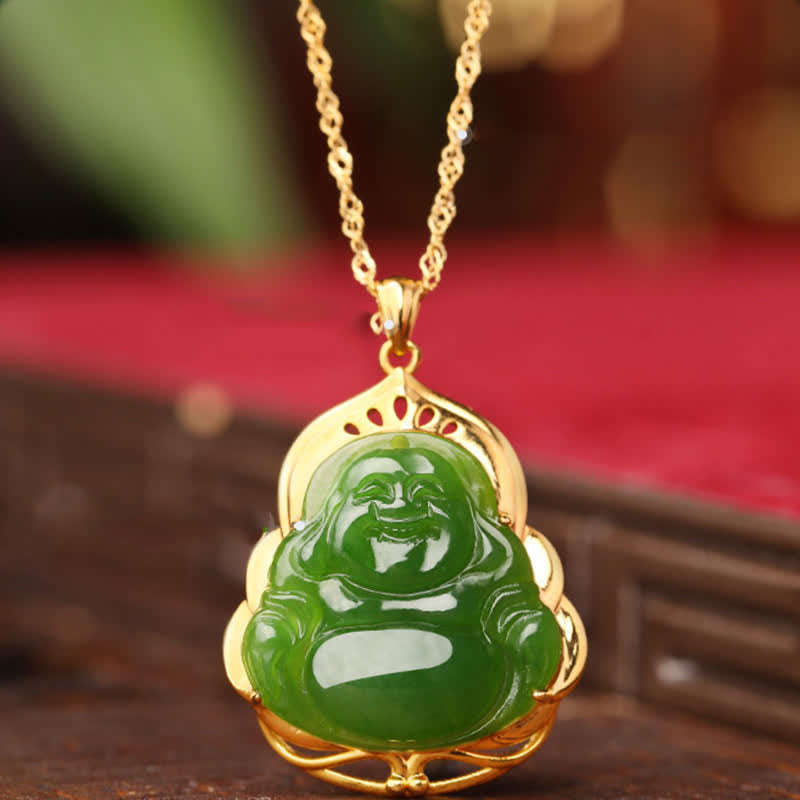 925 Sterling Silver Natural Hetian Cyan Jade Laughing Buddha 18K Gold Healing Necklace Chain Pendant - Hetian Cyan Jade (Success ♥ Healing) - image 1