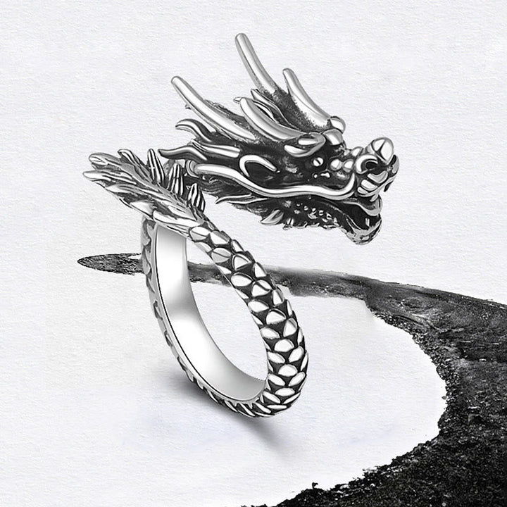 Buddha Stones 990 Sterling Silver Vintage Dragon Design Luck Protection Strength Adjustable Ring - image 4