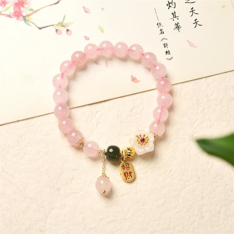 Buddha Stones Natural Pink Crystal Jade Flower Warm Love Bracelet - image 6