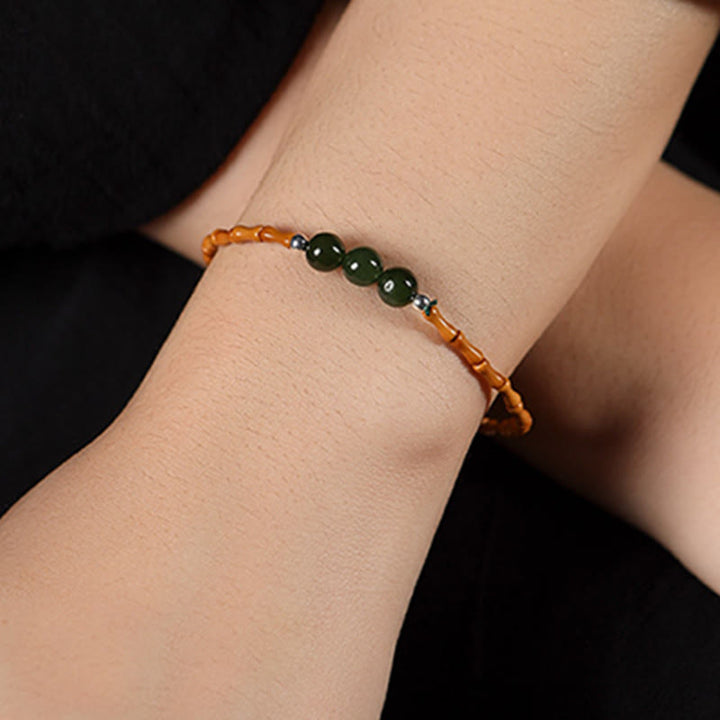 Buddha Stones Natural Olive Pit Bamboo Pattern Hetian Jade Beads Luck Bracelet