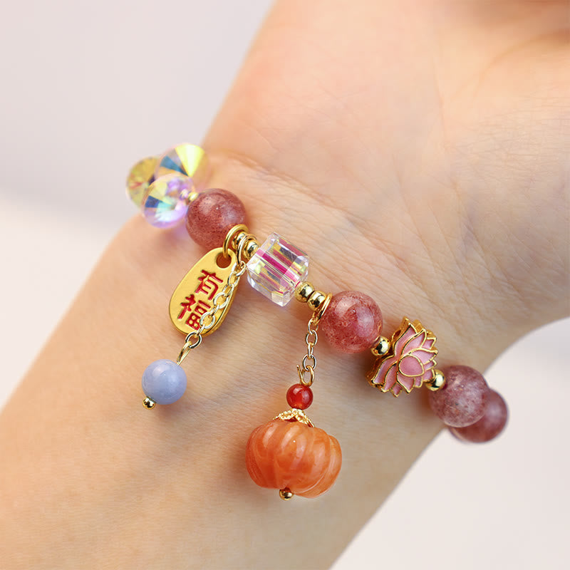 Buddha Stones Natural Strawberry Quartz Fu Character Pumpkin Charm Positive Bracelet