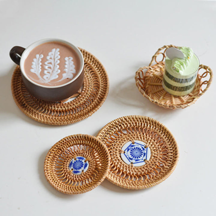 Ceramic Flower Pattern Rattan Cup Mat Tea Cup Coaster - image 3