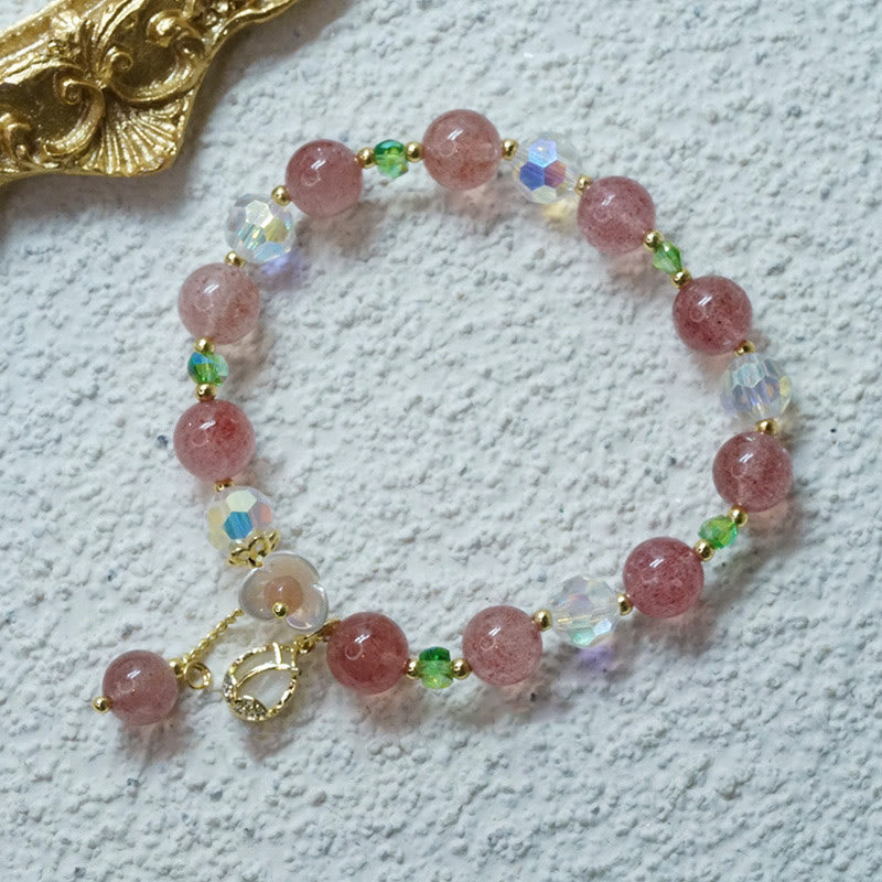 Buddha Stones Strawberry Quartz Rutilated Quartz Fluorite Flower Healing Bracelet