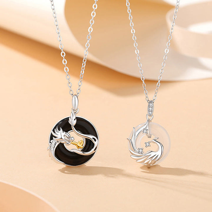 Buddha Stones 925 Sterling Silver Year of the Dragon Natural Black Onyx Chalcedony Dragon Phoenix Peace Buckle Protection Necklace Pendant - image 0