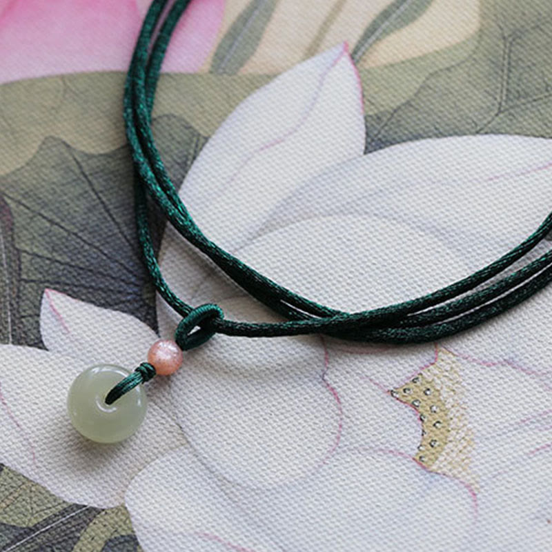Natural Round Jade Peace Buckle Lotus Abundance String Necklace Pendant - image 4