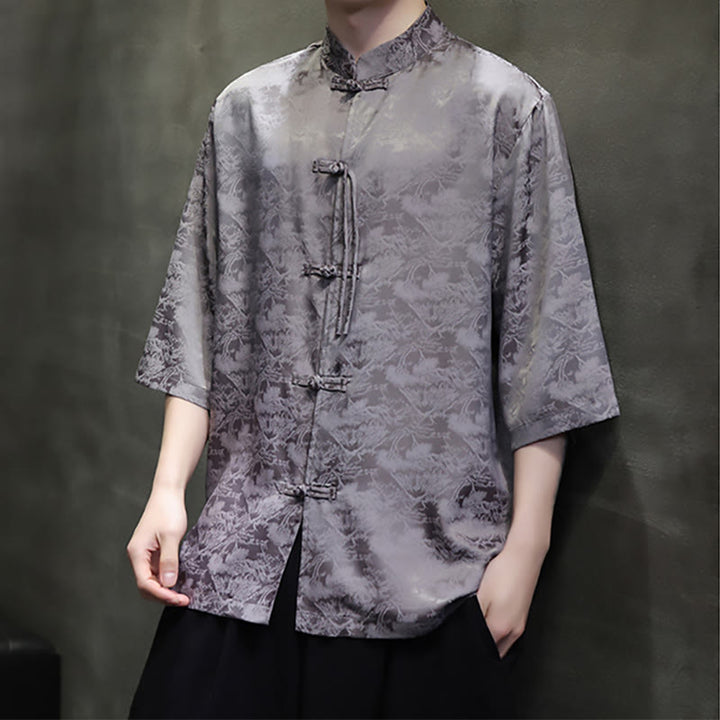 Buddha Stones Simple Jacquard Frog-button Chinese Three Quarter Sleeve Shirt Men T-shirt