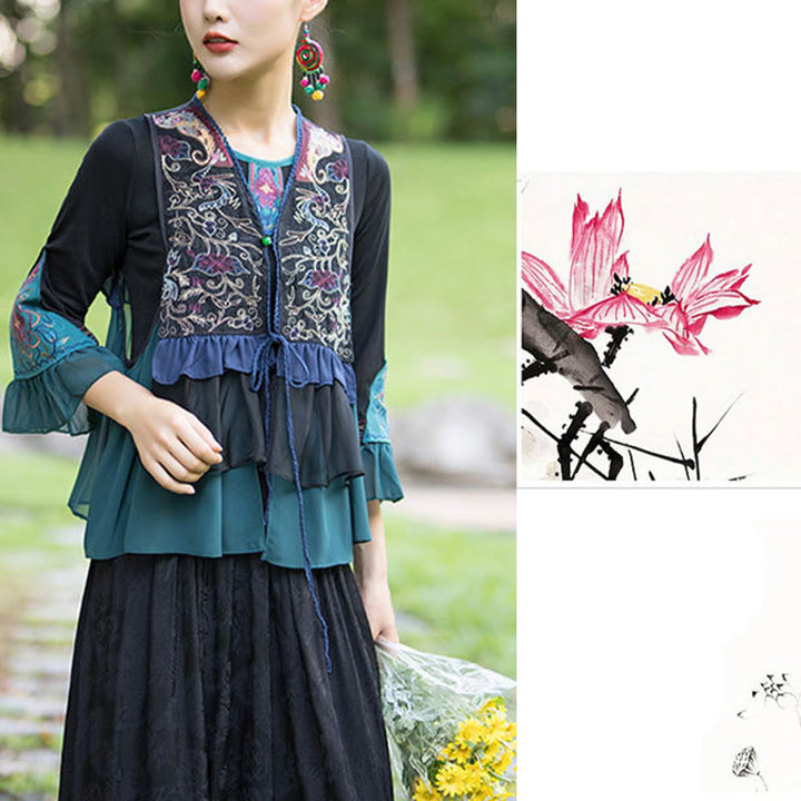 Buddha Stones Embroidery Flowers Bird Vine Design Cotton Linen Sleeveless Vest