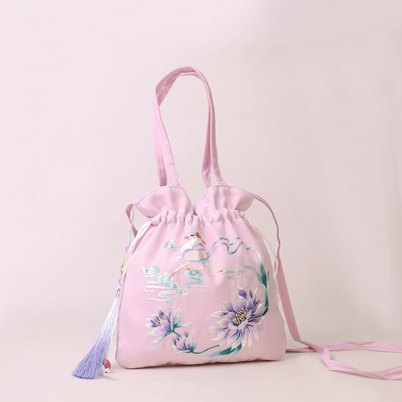 Buddha Stones Suzhou Embroidery Lotus Deer Epiphyllum Peony Rabbit Cotton Linen Tote Crossbody Bag Shoulder Bag Handbag