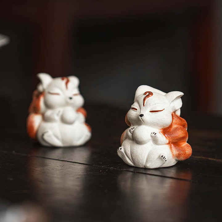Buddha Stones Mini Nine Tailed Fox Purple Clay Luck Desk Decoration