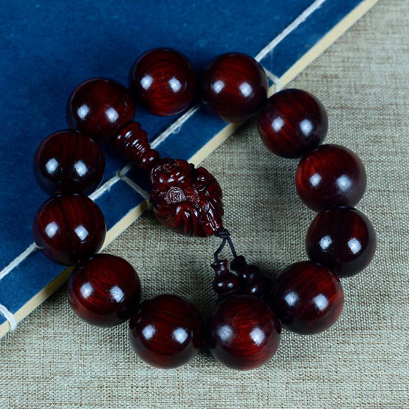 Buddha Stones Small Leaf Red Sandalwood Laughing Buddha God of Wealth Protection Bracelet