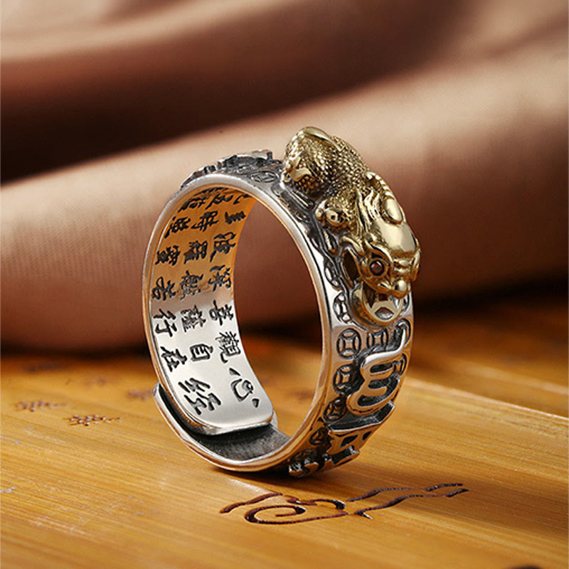 Buddha Stones Tibetan 990 Sterling Silver Om Mani Padme Hum PiXiu Dorje Vajra Heart Sutra Engraved Wealth Ring - image 5