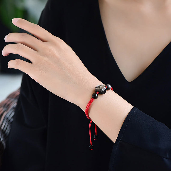 Buddha Stones Natural Silver Sheen Obsidian Gold Sheen Obsidian Cute Cat Paw Claw Protection Rope Bracelet - image 4