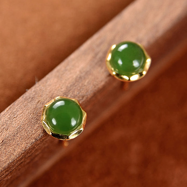 Buddha Stones 925 Sterling Silver Plated Gold Natural Hetian Cyan Jade Bead Luck Stud Earrings - image 2