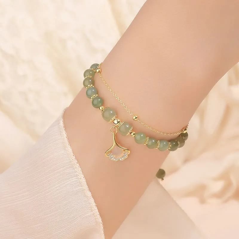 Buddha Stones Jade Leaf Ginkgo Tulip Peanut Fu Character Luck Beaded Bracelet - image 11