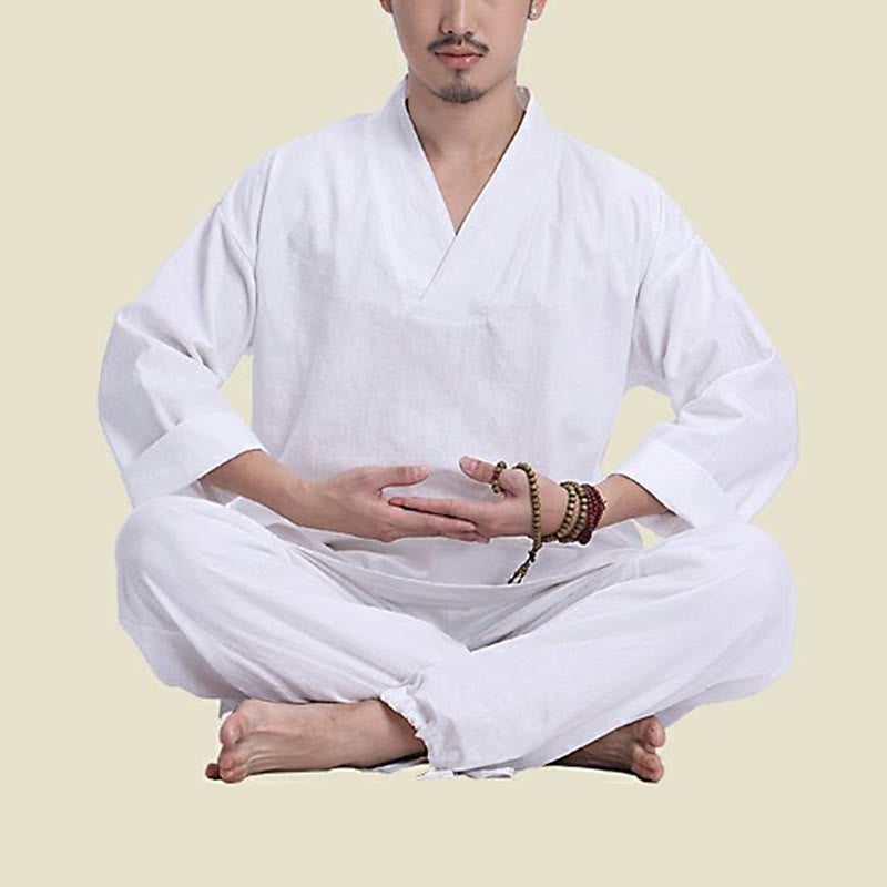 Buddha Stones Meditation Prayer V-neck Design Cotton Linen Spiritual Zen Practice Yoga Clothing Men's Set - image 17