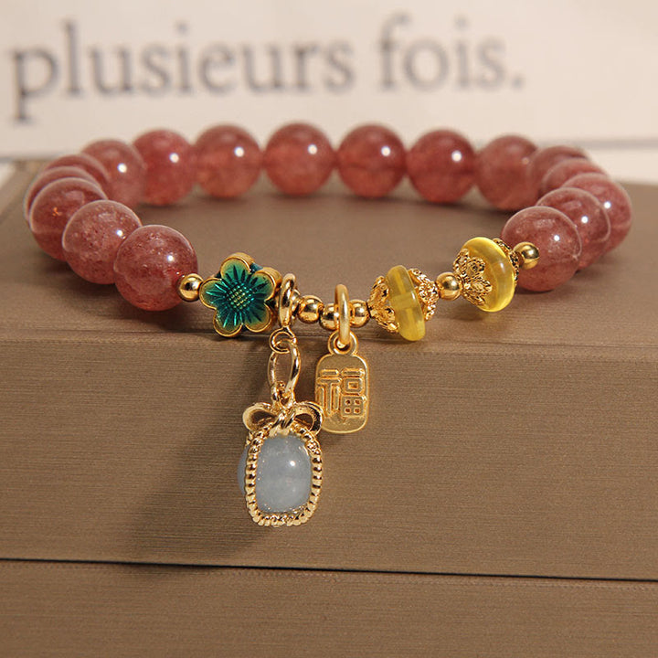 Buddha Stones Natural Strawberry Quartz Crystal Aquamarine Fortune Brand Love Bracelet