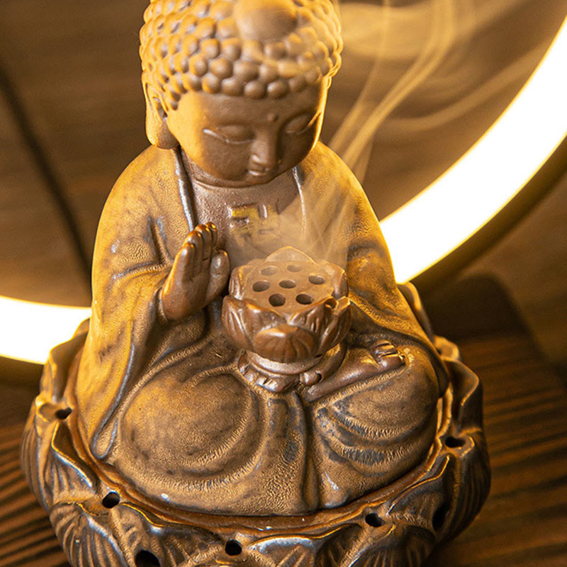 Buddha Stones Buddha Lotus Backflow Smoke Fountain Ceramic Blessing Incense Burner With Light Decoration - image 11