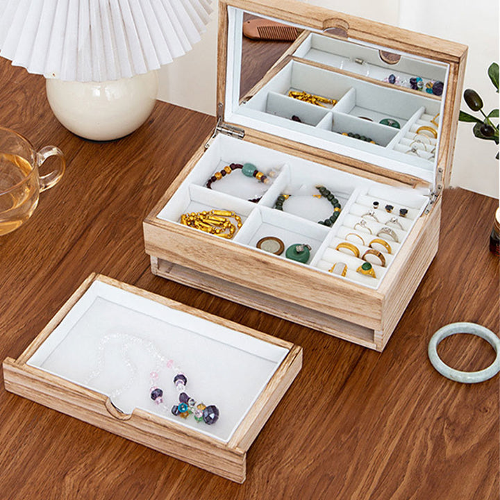 Buddha Stones Retro Beige Wooden Jewelry Box Two-Layer Jewelry Storage Box With Mirror - image 5
