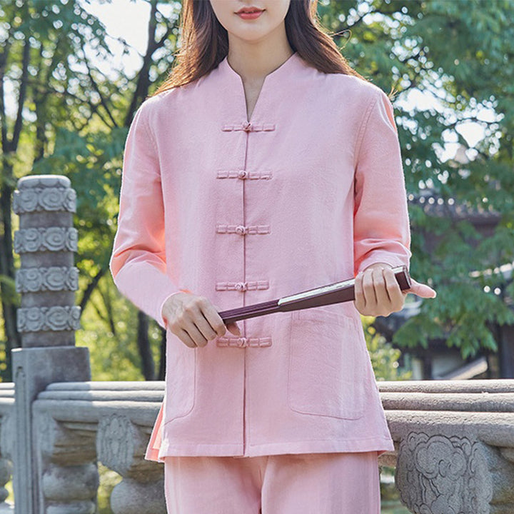 Spiritual Zen Practice Yoga Meditation Prayer Uniform Cotton Linen Clothing Women's Set - Pink - US18，UK/AU22，EU50 (6XL) - image 2