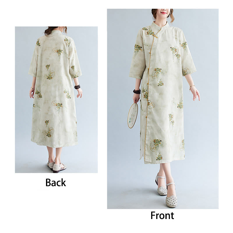 Buddha Stones Flowers Green Yellow Leaves Print Cheongsam Midi Dress Three Quarter Sleeve Dress With Pockets