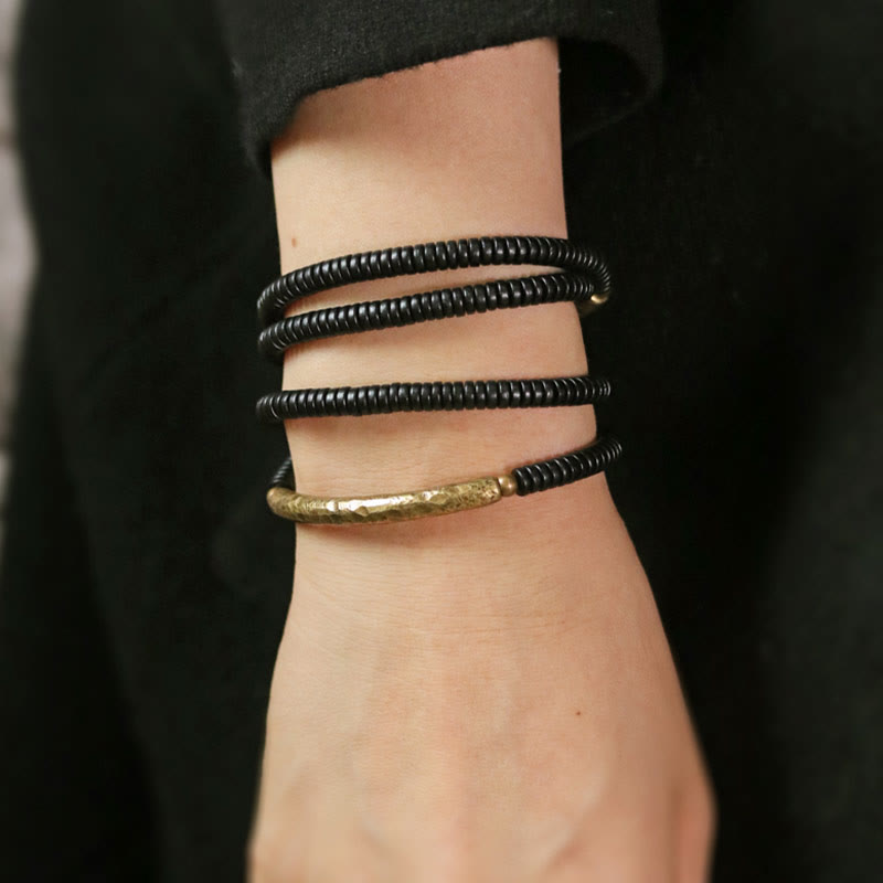 Buddha Stones Ebony Wood Brass Copper Balance Multilayered Bracelet - image 14