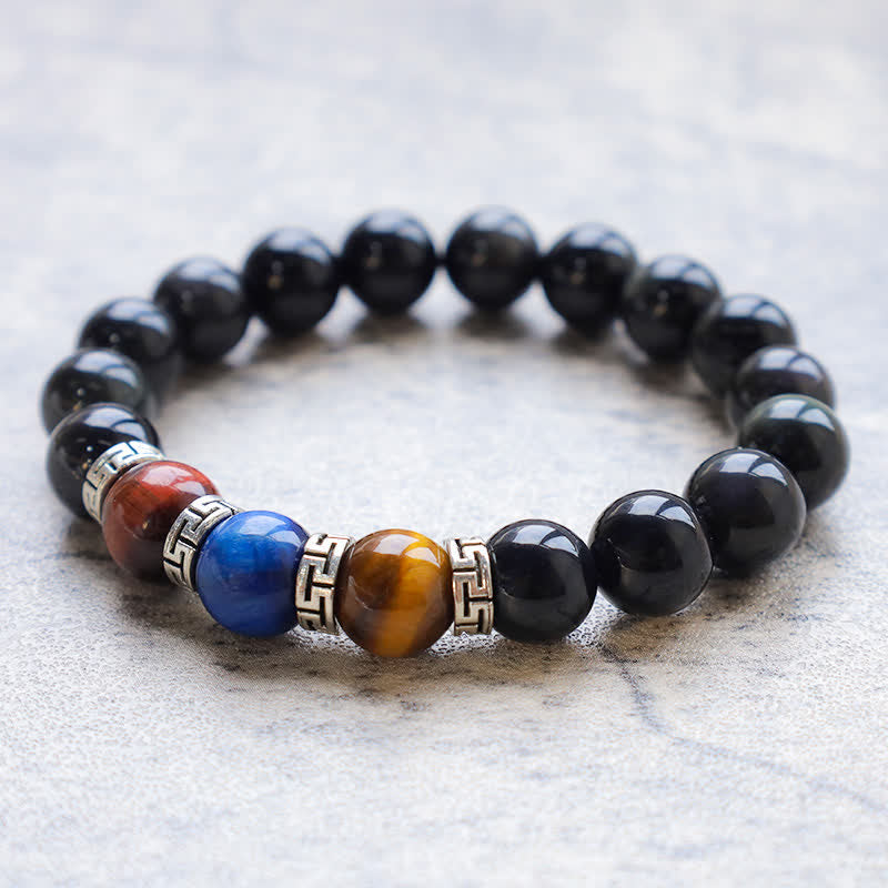 Buddha Stones Natural Black Obsidian Tricolor Tiger Eye Strength Bracelet - image 0