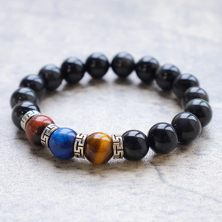 Buddha Stones Natural Black Obsidian Tricolor Tiger Eye Strength Bracelet - image 0