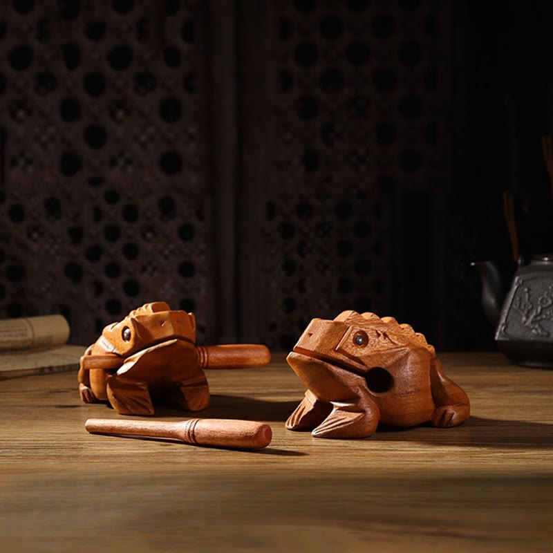 Buddha Stones Handcrafted FengShui Wealth Luck Frog Mini Wooden Croaking Frog Guiro Decoration - image 0