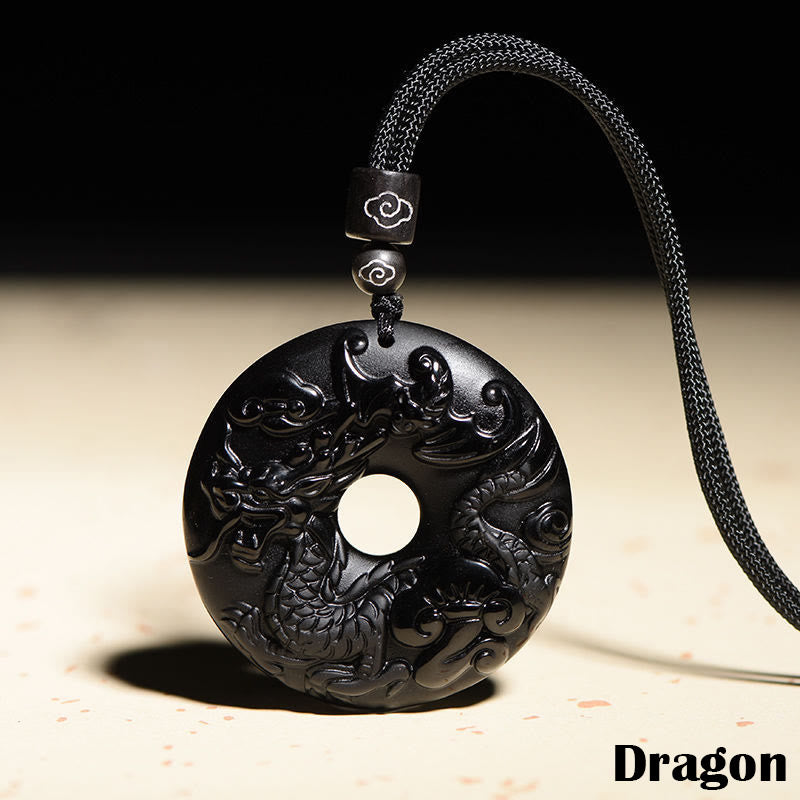 Buddha Stones Chinese Zodiac Natural Black Obsidian Peace Buckle Strength Necklace Pendant - Dragon - image 15
