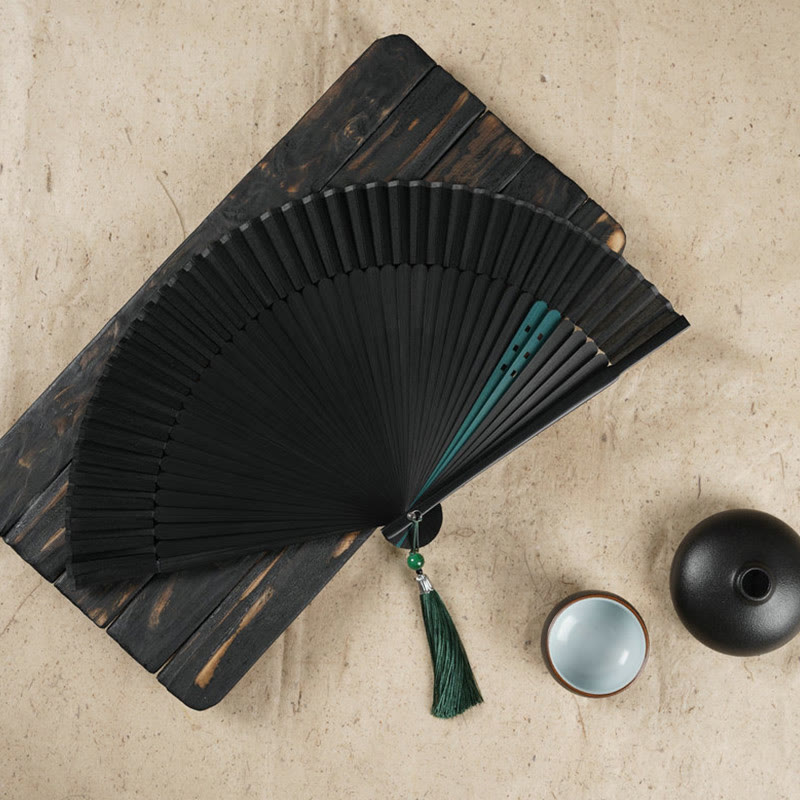 Buddha Stones Simple Cherry Flower Hollow Engraved Handheld Bamboo Folding Fan