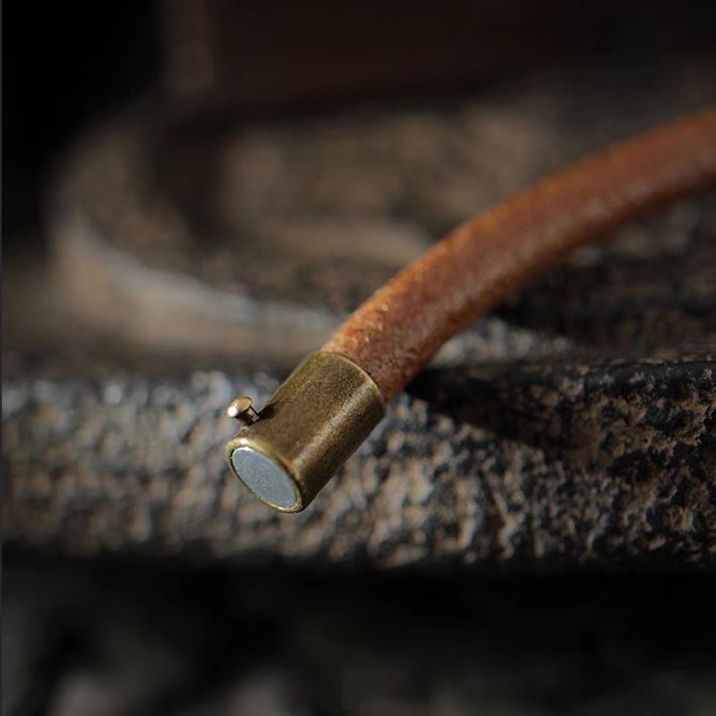 Buddha Stones Retro Leather Luck Healing Copper Magnetic Buckle Bracelet - image 8