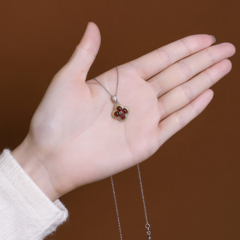 Buddha Stones 925 Sterling Silver Natural Garnet Four-leaf Clover Protection Necklace Pendant Ring