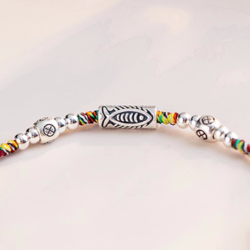 Buddha Stones 925 Sterling Silver Luck Koi Fish Braided Colorful String Bracelet Anklet - image 4