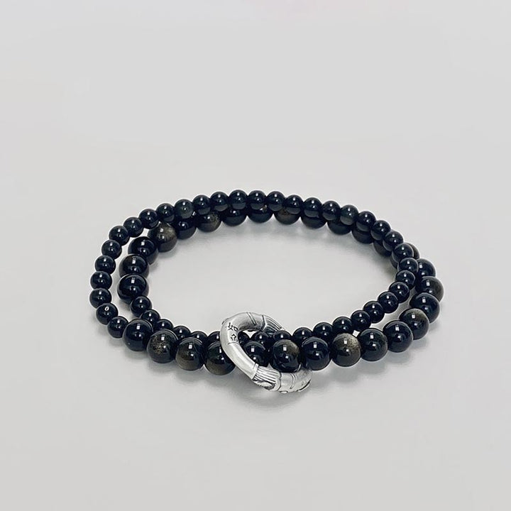 Buddha Stones 999 Sterling Silver Black Obsidian Fulfillment Strength Double Layer Bracelet